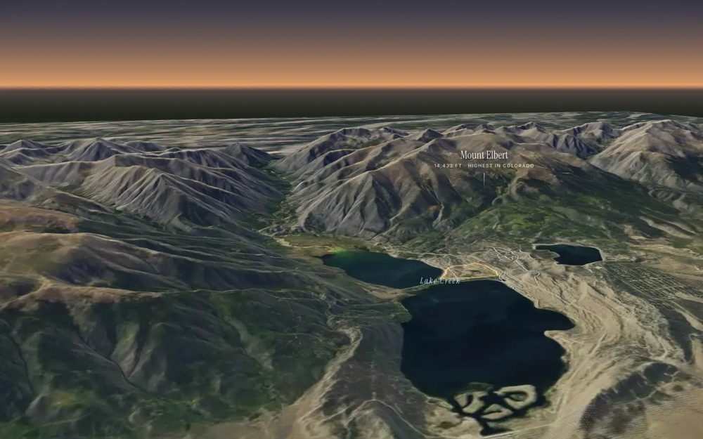 Twin Lakes, Colorado: a sample place on real terrain under Mount Elbert, with lots, a lodge and the winter sun