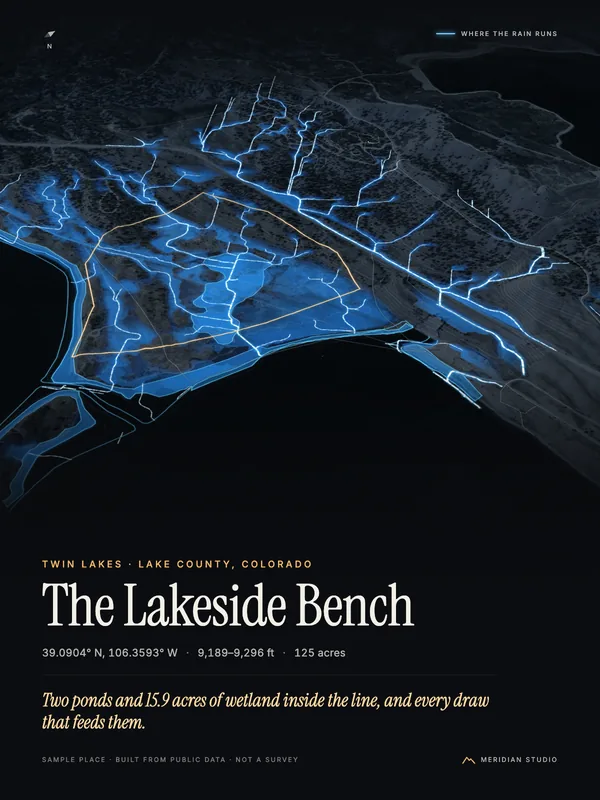 The sample printable poster: a sample place in 3D with its water, named The Lakeside Bench