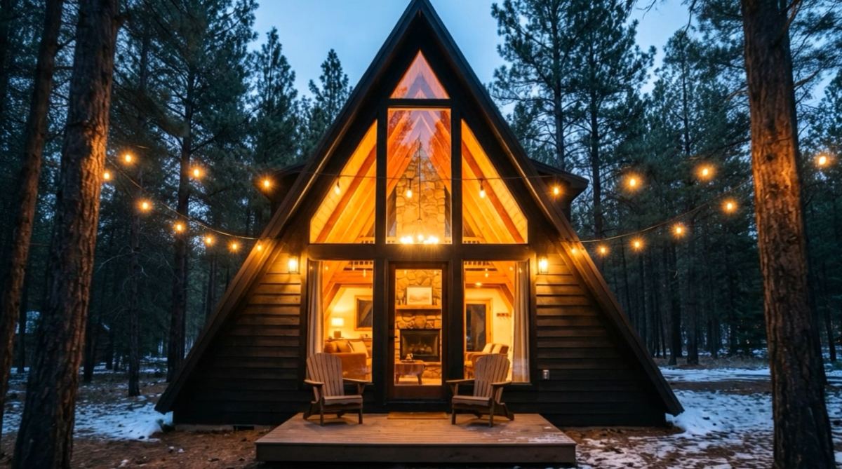 The A-frame at dusk, string lights glowing between the pines
